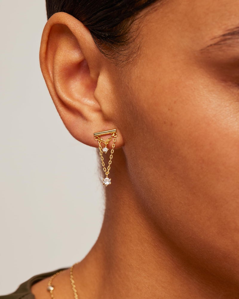 PAVOI 14K Yellow Gold Plated 925 Sterling Silver Posts Bar Drape Chain Earrings for Women - Cubic Zirconia Dangle Studs - Chain Drop Dangle Earrings - Image 2