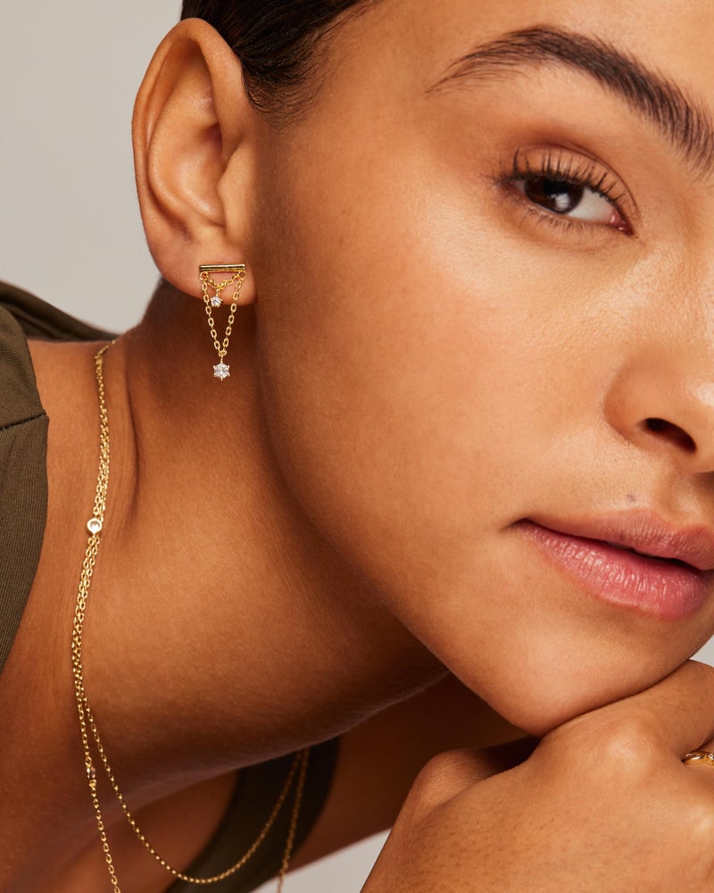PAVOI 14K Yellow Gold Plated 925 Sterling Silver Posts Bar Drape Chain Earrings for Women - Cubic Zirconia Dangle Studs - Chain Drop Dangle Earrings - Image 4