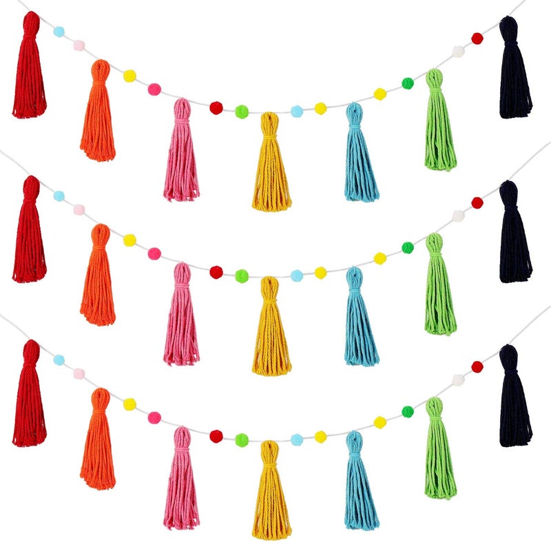Syhood 3 Pcs Colorful Boho Garland Rainbow Pom Pom Tassel Each 50 Garland Classroom Decorations Tassel Boho Banner for Kid Nursery Wall Decor Baby Shower Party Classroom Photo PropRich Colors