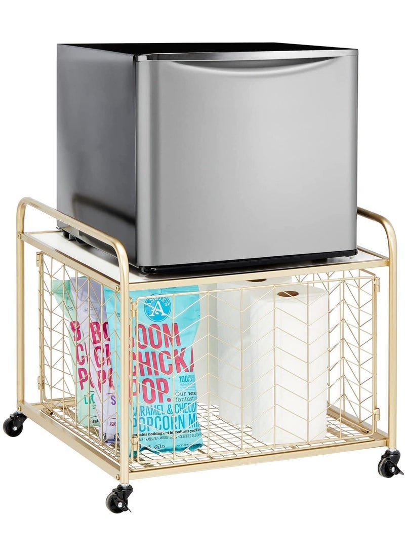Generic - INDIAN DECOR® 36500 Classic Steel 2-Tier Storage Stand for Mini Fridge, Rolling Cart with Easy-Grip Handles, Chevron Wire Sliding Drawer Basket, Metal Frame, Swivel Rotating Wheels - Image 1