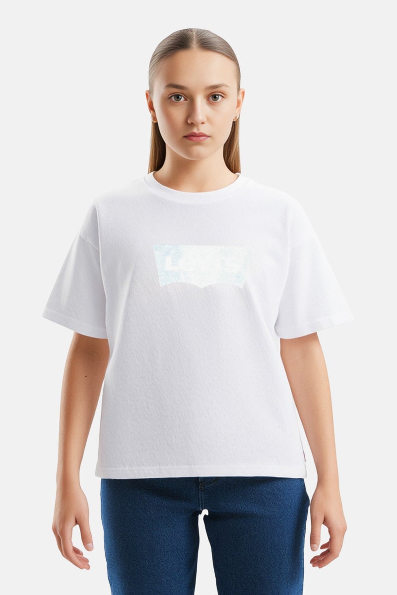 Levi's تي شيرت بنات أطفال بأكمام قصيرة وياقة دائرية بشعار العلامة التجارية، أبيض - Image 1