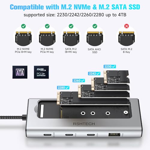 RSHTECH 5-in-1 USB C Hub with M.2 NVMe/SATA SSD Enclosure, 10Gbps USB Data Ports (1A + 2C) and 100W Power Delivery, Aluminum USB-C Dock Dongle for MacBook, Laptops and More - Image 5