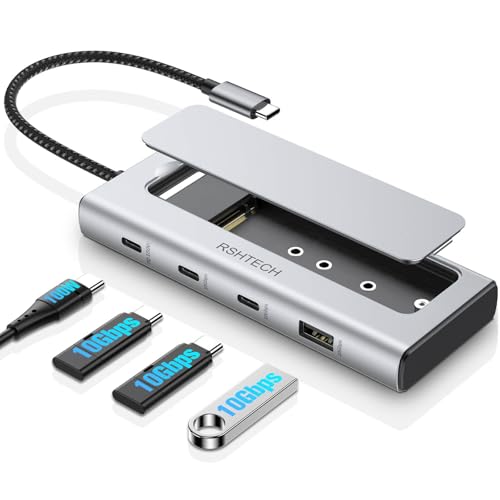 RSHTECH 5-in-1 USB C Hub with M.2 NVMe/SATA SSD Enclosure, 10Gbps USB Data Ports (1A + 2C) and 100W Power Delivery, Aluminum USB-C Dock Dongle for MacBook, Laptops and More - Image 1