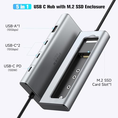 RSHTECH 5-in-1 USB C Hub with M.2 NVMe/SATA SSD Enclosure, 10Gbps USB Data Ports (1A + 2C) and 100W Power Delivery, Aluminum USB-C Dock Dongle for MacBook, Laptops and More - Image 2