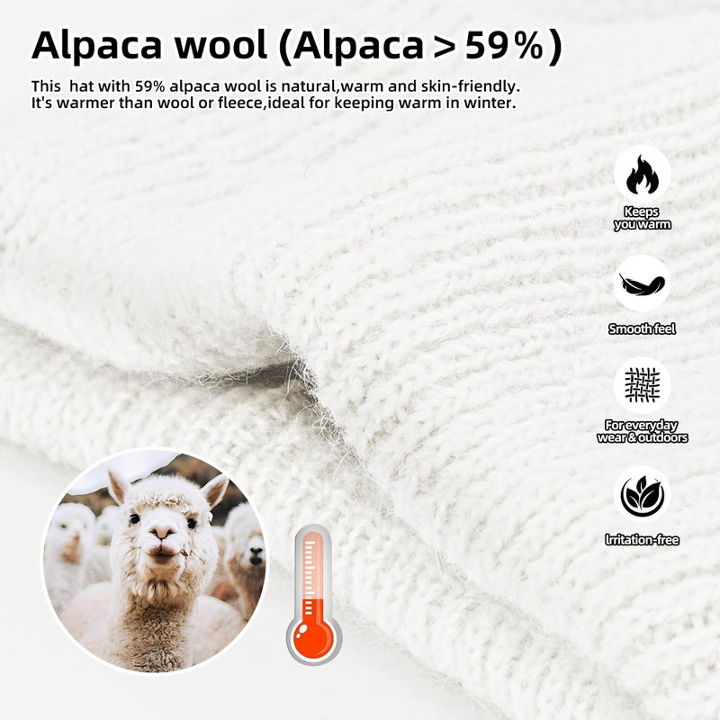 Silk Dream Alpaca Wool Beanie Hats Men Women Winter Hats Warm Beanie Fuzzy Soft Knit Lightweight Gift for Her&Him White - Image 2