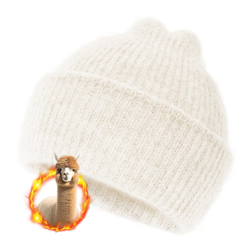 Silk Dream Alpaca Wool Beanie Hats Men Women Winter Hats Warm Beanie Fuzzy Soft Knit Lightweight Gift for Her&Him White - Image 1