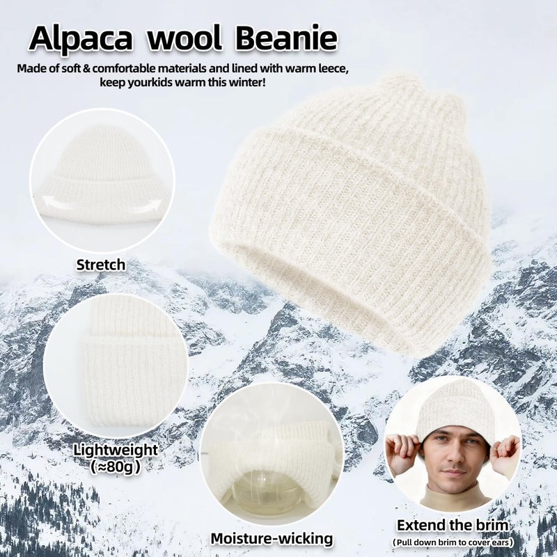 Silk Dream Alpaca Wool Beanie Hats Men Women Winter Hats Warm Beanie Fuzzy Soft Knit Lightweight Gift for Her&Him White - Image 3