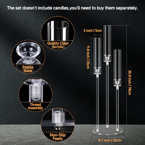 Cherocito 6 Set 3 Arms Acrylic Candelabra Centerpieces for Wedding Table Decorations,30.7" Clear Candlesticks Holder with Acrylic Shade for Valentine's Day Dinner Party Fireplace Decor Fit LED Candle - Image 2