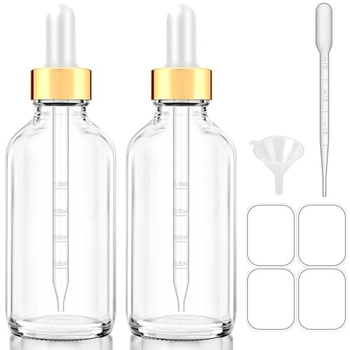 Bumobum Glass Bottle with Dropper, 4 oz Clear Golden Cap Eye Dropper Bottle for Essential Oils with Labels and Funnel, 2 Pcs Empty Tincture Bottles with Unbreakable Plastic Eye Dropper with Measurements - Image 1