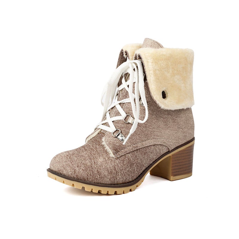 Winter High-Heeled Warm Mao Mao 40-43 Turn-Up Lace-Up Low Boots For Women - Image 3