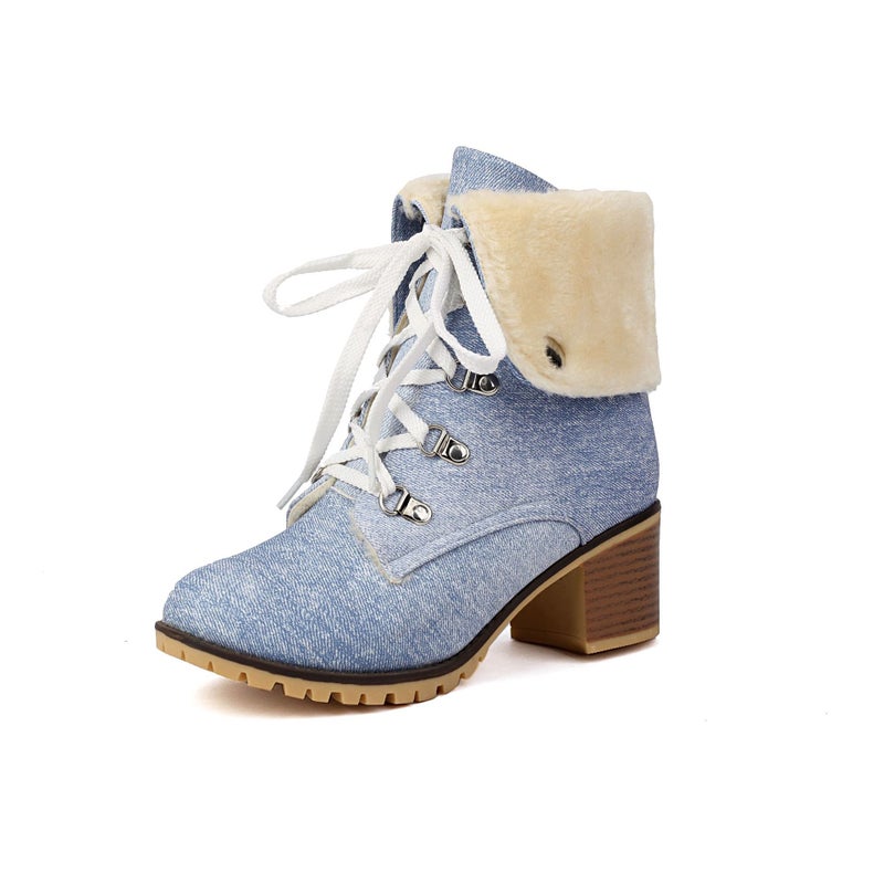 Winter High-Heeled Warm Mao Mao 40-43 Turn-Up Lace-Up Low Boots For Women - Image 2