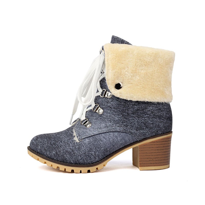 Winter High-Heeled Warm Mao Mao 40-43 Turn-Up Lace-Up Low Boots For Women - Image 5