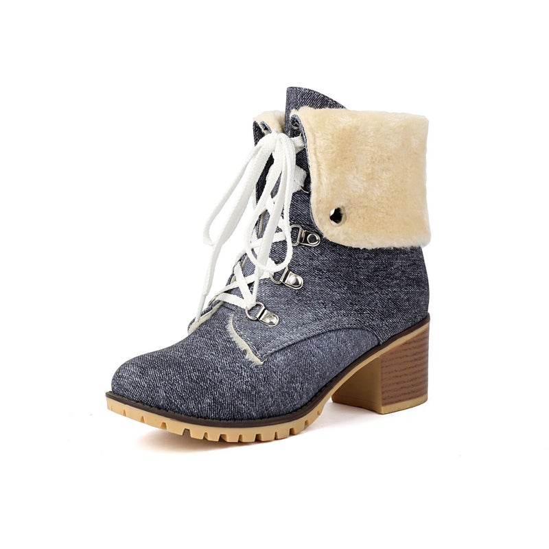 Winter High-Heeled Warm Mao Mao 40-43 Turn-Up Lace-Up Low Boots For Women - Image 4