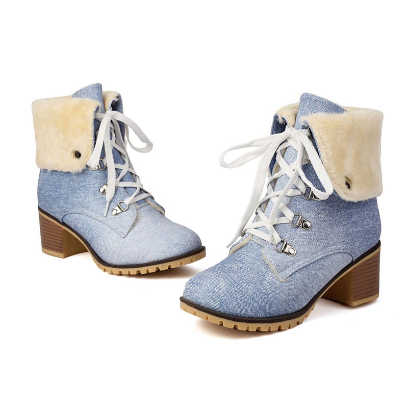 Winter High-Heeled Warm Mao Mao 40-43 Turn-Up Lace-Up Low Boots For Women - Image 1