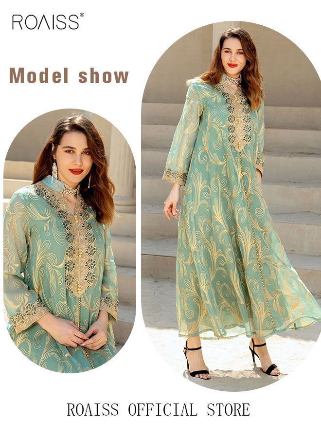 roaiss - Women Luxury Stand Collar Graphic Printing Robe Maxi Dresses Exclusive Styles Modern Stylish Abaya Middle East Arabic Banquet Wedding Party Dress Women's Festival Clothing - Image 1