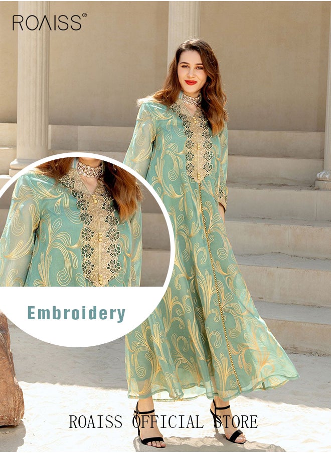 roaiss - Women Luxury Stand Collar Graphic Printing Robe Maxi Dresses Exclusive Styles Modern Stylish Abaya Middle East Arabic Banquet Wedding Party Dress Women's Festival Clothing - Image 1