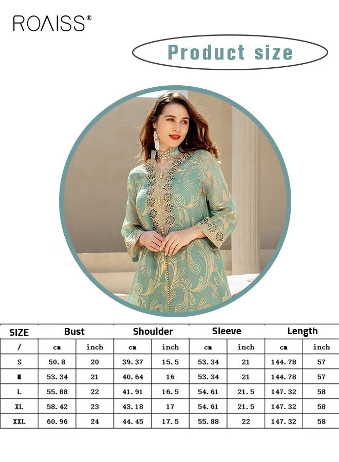roaiss Women Luxury Stand Collar Graphic Printing Robe Maxi Dresses Exclusive Styles Modern Stylish Abaya Middle East Arabic Banquet Wedding Party Dress Women's Festival Clothing Green - Image 4