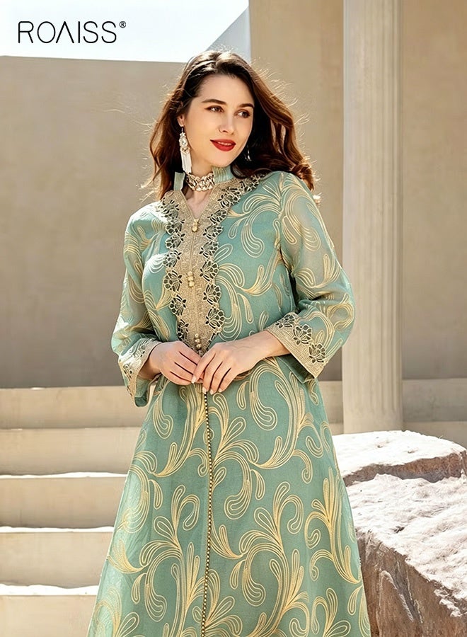 roaiss Women Luxury Stand Collar Graphic Printing Robe Maxi Dresses Exclusive Styles Modern Stylish Abaya Middle East Arabic Banquet Wedding Party Dress Women's Festival Clothing Green - Image 2