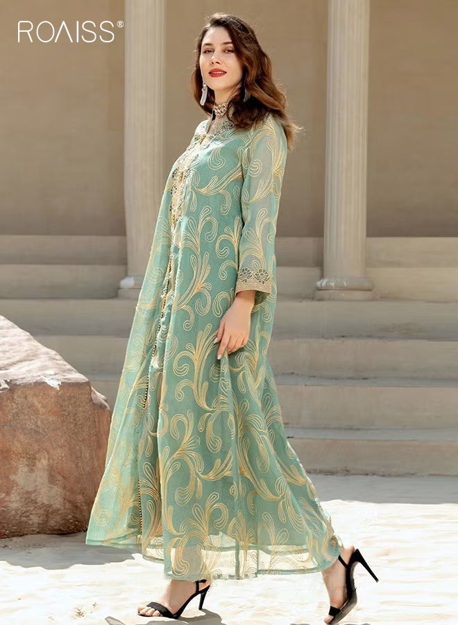 roaiss Women Luxury Stand Collar Graphic Printing Robe Maxi Dresses Exclusive Styles Modern Stylish Abaya Middle East Arabic Banquet Wedding Party Dress Women's Festival Clothing Green - Image 3