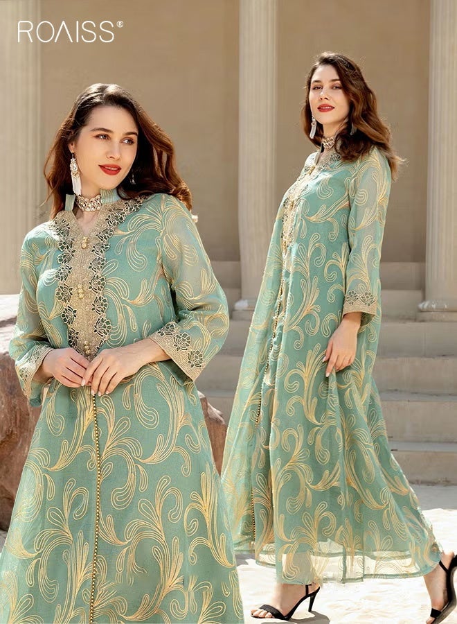 roaiss Women Luxury Stand Collar Graphic Printing Robe Maxi Dresses Exclusive Styles Modern Stylish Abaya Middle East Arabic Banquet Wedding Party Dress Women's Festival Clothing Green - Image 1