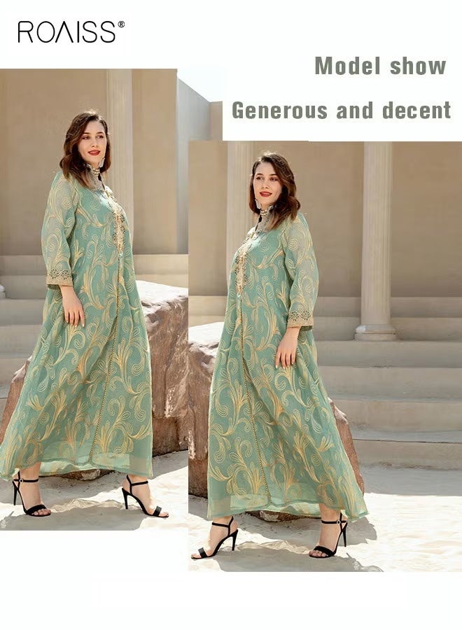 roaiss Women Luxury Stand Collar Graphic Printing Robe Maxi Dresses Exclusive Styles Modern Stylish Abaya Middle East Arabic Banquet Wedding Party Dress Women's Festival Clothing Green - Image 5