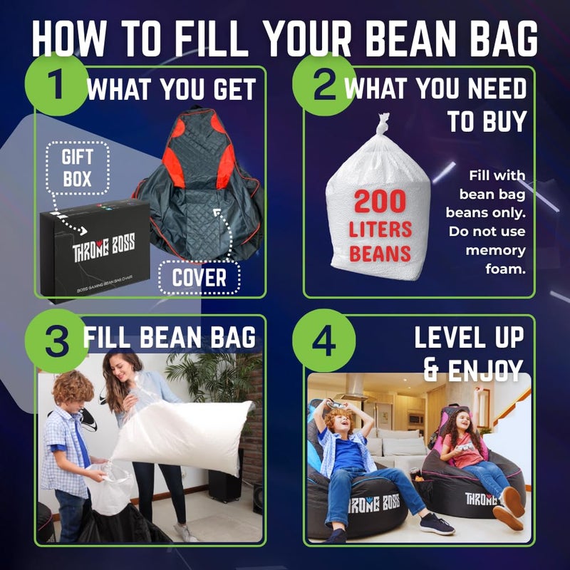 Throne Boss Gaming Bean Bag Chair Cover for Kids with High Back, Green â€“ Floor Gaming Chair Cover, Easy to Clean Fabric, Large Side Pockets, Headphone Hanger, Requires 200 Liters Polystyrene Beans - Image 5