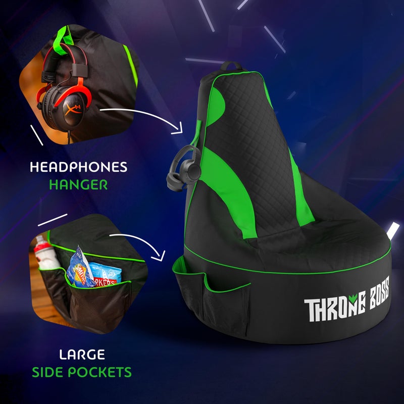 Throne Boss Gaming Bean Bag Chair Cover for Kids with High Back, Green â€“ Floor Gaming Chair Cover, Easy to Clean Fabric, Large Side Pockets, Headphone Hanger, Requires 200 Liters Polystyrene Beans - Image 4
