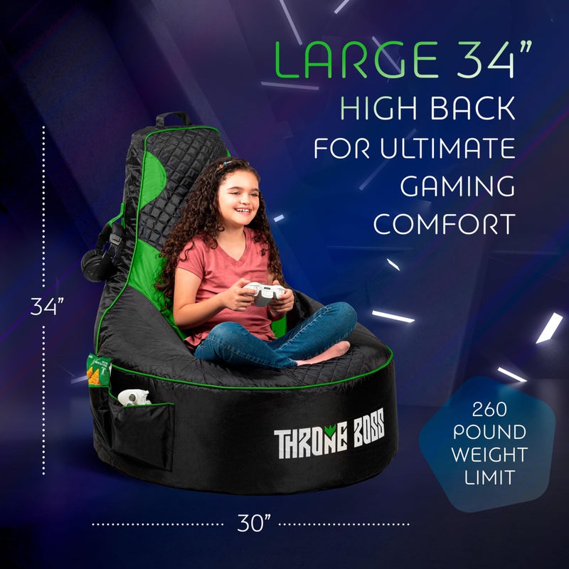 Throne Boss Gaming Bean Bag Chair Cover for Kids with High Back, Green â€“ Floor Gaming Chair Cover, Easy to Clean Fabric, Large Side Pockets, Headphone Hanger, Requires 200 Liters Polystyrene Beans - Image 3
