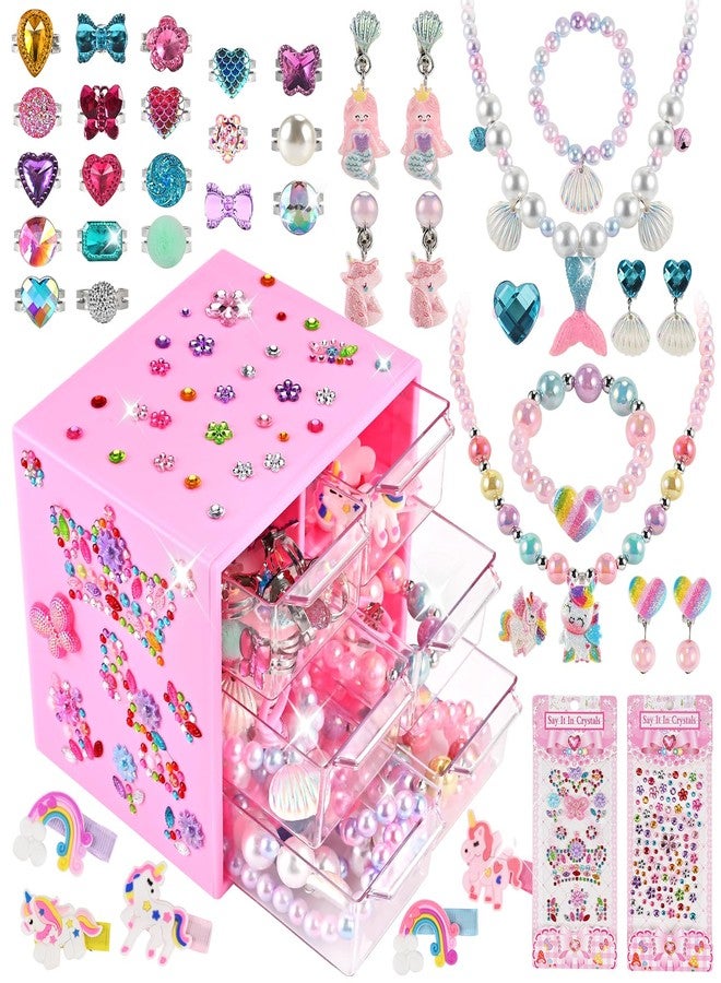 Faburo 42PCS Jewelry Toys for Girls, Unicorn Mermaid Princess Toys- Rings, Clip on Earrings, Necklaces, Hair Clips, DIY Stickers, Box, Toddler Kids Play Jewelry for Girls 3-5 6 7 8 9 10+ Christmas Birthday Gifts - Image 1
