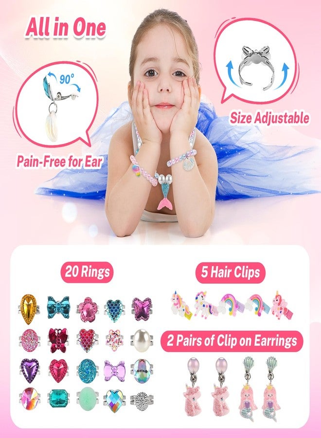 Faburo 42PCS Jewelry Toys for Girls, Unicorn Mermaid Princess Toys- Rings, Clip on Earrings, Necklaces, Hair Clips, DIY Stickers, Box, Toddler Kids Play Jewelry for Girls 3-5 6 7 8 9 10+ Christmas Birthday Gifts - Image 3