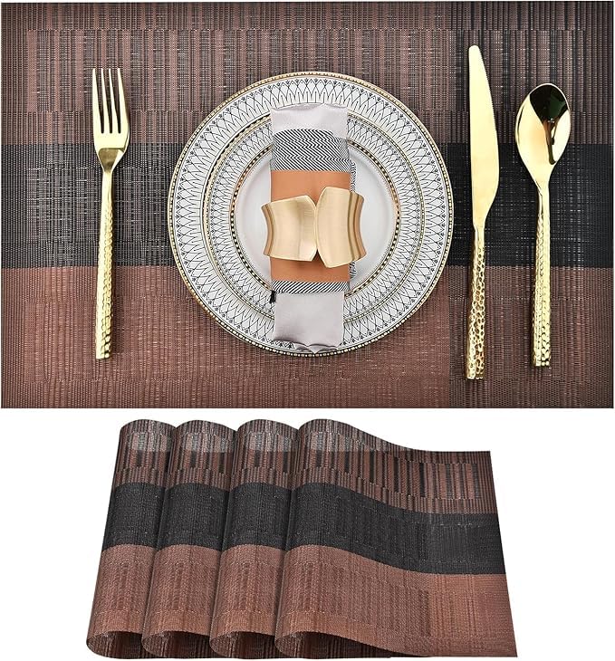 Estervig 6 Pcs HeatResistant Woven PVC Vinyl Table Mats Set for Dining Kitchen NonSlip AntiSkid Placemats Washable StainResistant Placemats for Restaurant Table Use Brown Black - Image 1