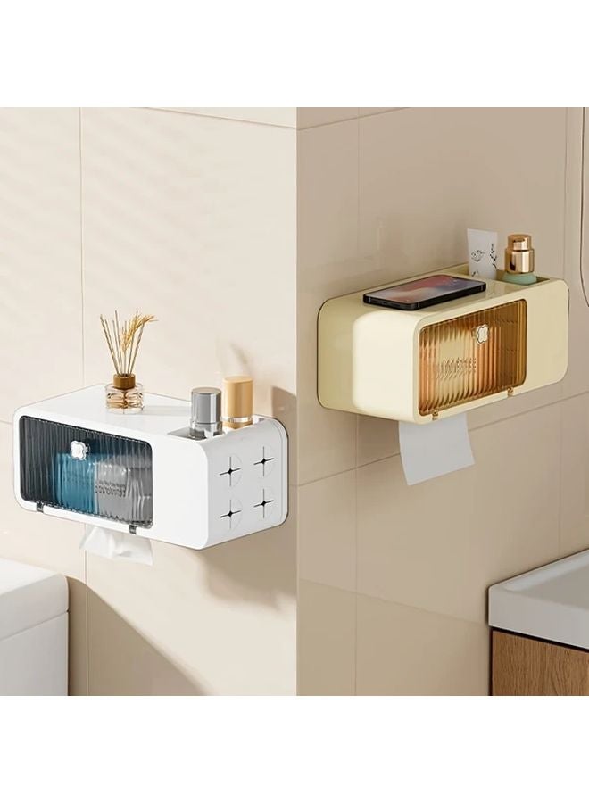 صندوق مناديل كريمي مثبت على الحائط بدون حفر حامل مناشف متعدد الوظائف تخزين الحمام - Image 2