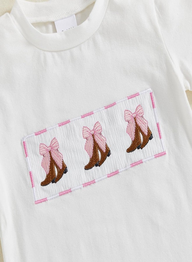 Licupiee Toddler Baby Girl Western Outfits Embroidery Cow Short Sleeve Shirts and Gingham Pants Set 2Pcs Summer Fall Clothes, Pink, 2-3 Years - Image 3