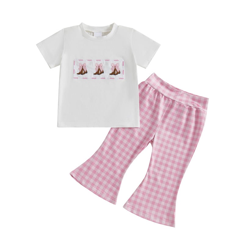 Licupiee Toddler Baby Girl Western Outfits Embroidery Cow Short Sleeve Shirts and Gingham Pants Set 2Pcs Summer Fall Clothes, Pink, 2-3 Years - Image 1