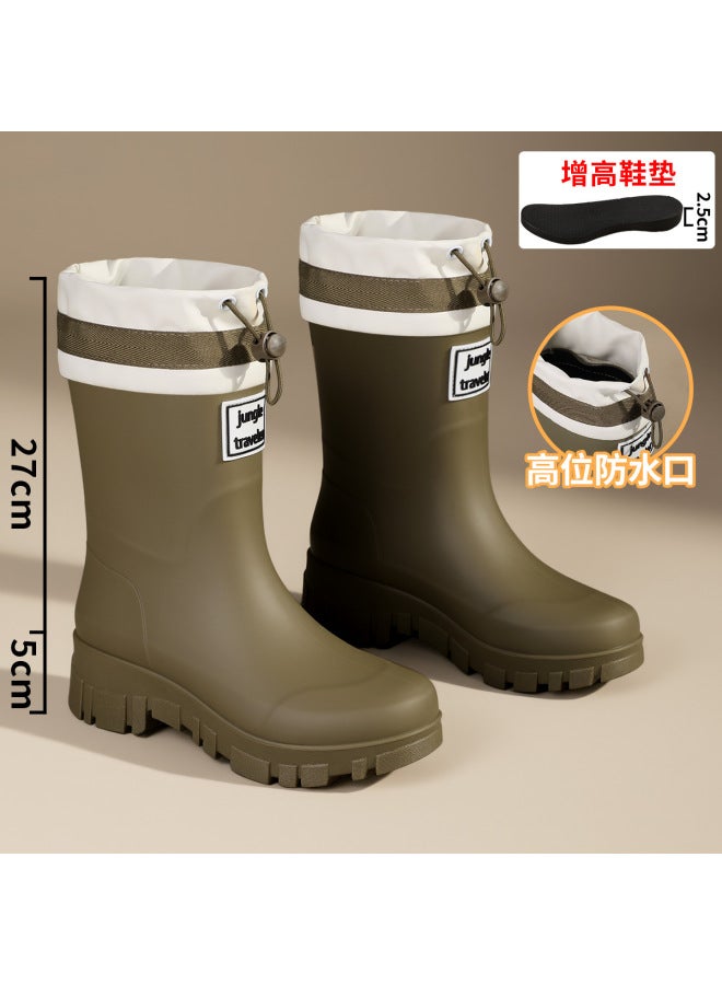 Outdoor Ultra-modern Mid-calf Fashionable Waterproof Drawstring Women's Rain Boots With Fleece Lining, Suitable For Rainforest , Non-slip, Warm, And Durable Rubber Shoes