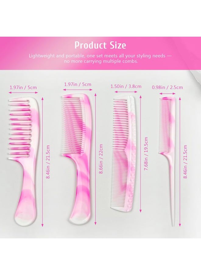Zoolinn 4 Pcs Unisex Hair Comb Set - Rat Tail, Wide & Fine Tooth and Dual-Sided Combs for Daily Detangling, Pink - Image 4