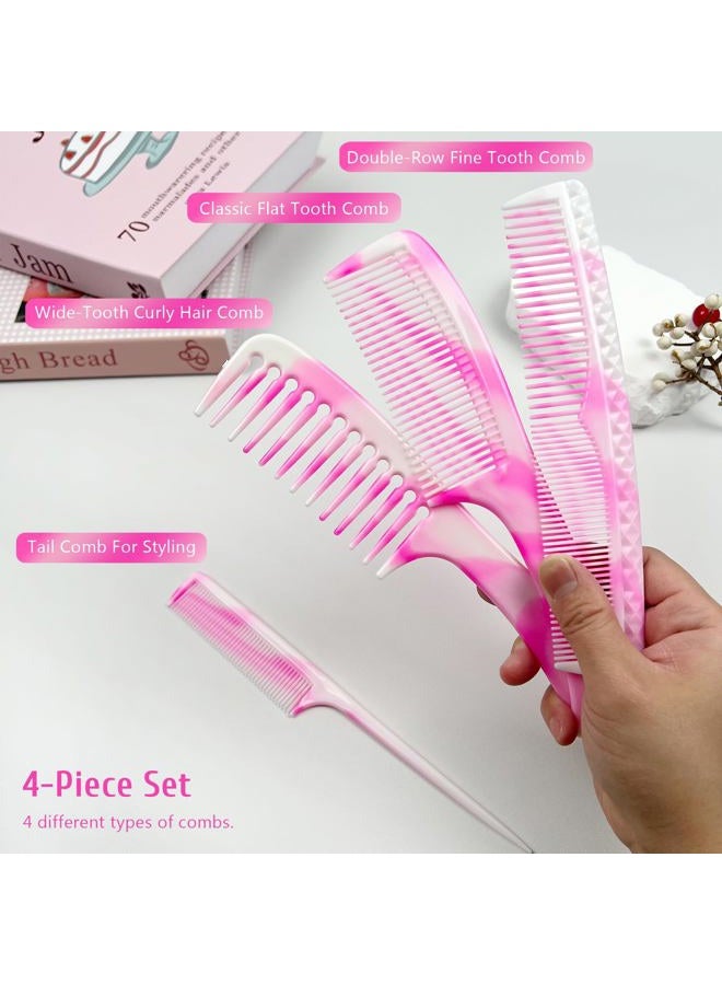 Zoolinn 4 Pcs Unisex Hair Comb Set - Rat Tail, Wide & Fine Tooth and Dual-Sided Combs for Daily Detangling, Pink - Image 3