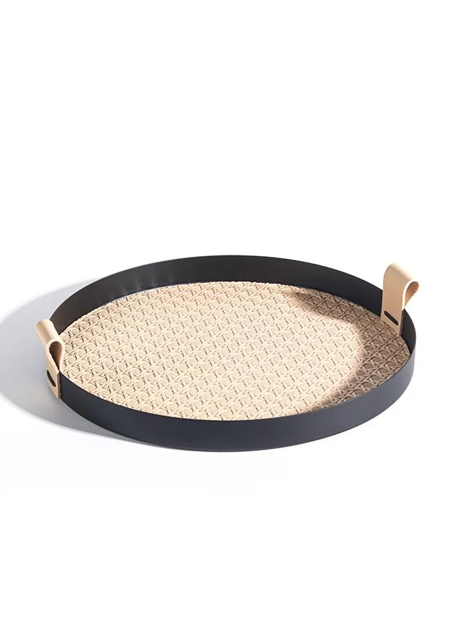 كويزيرا Mitri- round stainlesss steel tray with leather- TAN