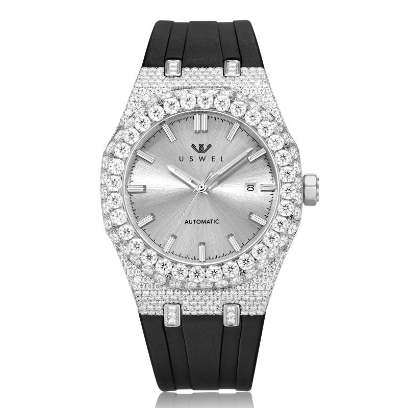USWEL Mens Iced Out Moissanite Diamond Watch 42mm Case Silicon Rubber Band and Automatic Movement Sapphire Glass 5ATM Water Resistant - Image 2