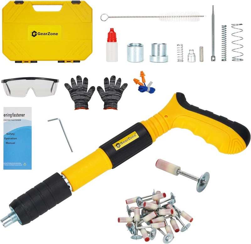 جيرزون أداة تثبيت المسامير على الحائط مع 100 مسمار دائري، أداة يدوية لبندقية المسامير الفولاذية، مسدس مسامير خرساني، آلة صغيرة محمولة لإطلاق المسامير مع صندوق أدوات - أصفر - Image 1