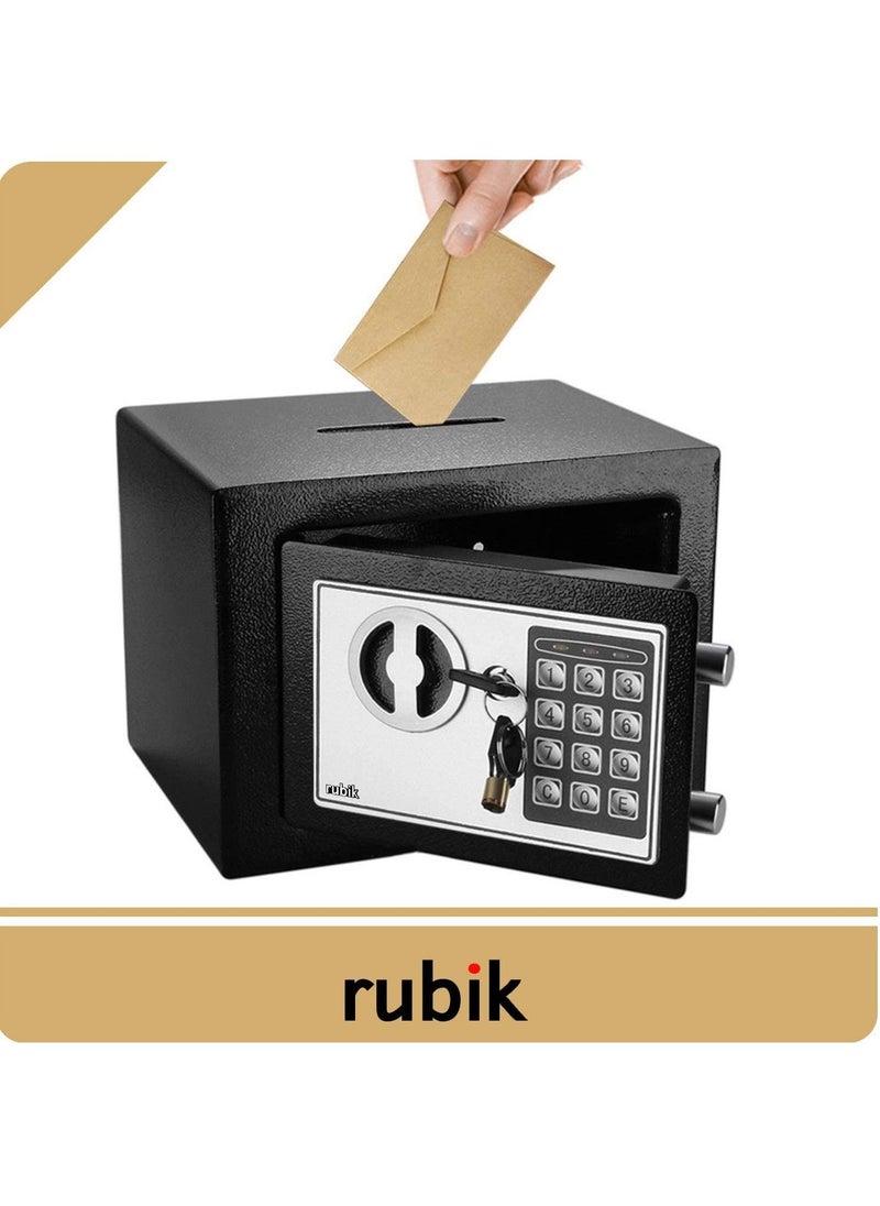 Rubik Mini Cash Deposit Drop Slot Safe Box with Key and Pin Code Option (Size 23x17x17cm) Black  - Image 3