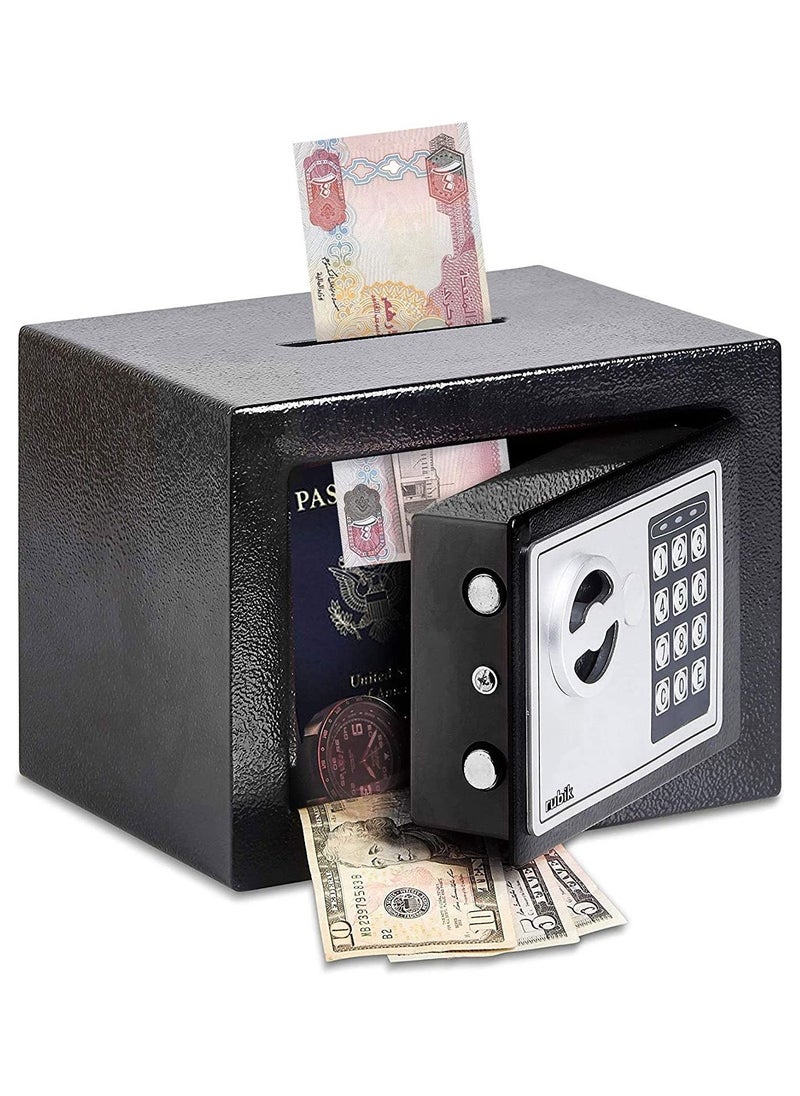 Rubik Mini Cash Deposit Drop Slot Safe Box with Key and Pin Code Option (Size 23x17x17cm) Black  - Image 1