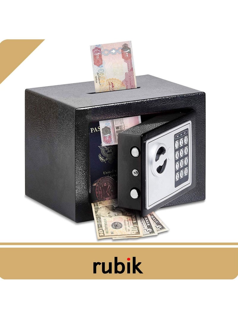 Rubik Mini Cash Deposit Drop Slot Safe Box with Key and Pin Code Option (Size 23x17x17cm) Black  - Image 4