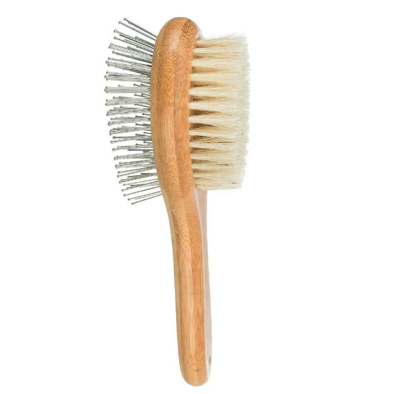 Trixie Dog Brush for Grooming, Double Sided with Bamboo Handle, Ideal for Long & Short Hair Pets, Removes Shedding, Tangles, and Dead Undercoat - 5 x 19 cm - Image 1