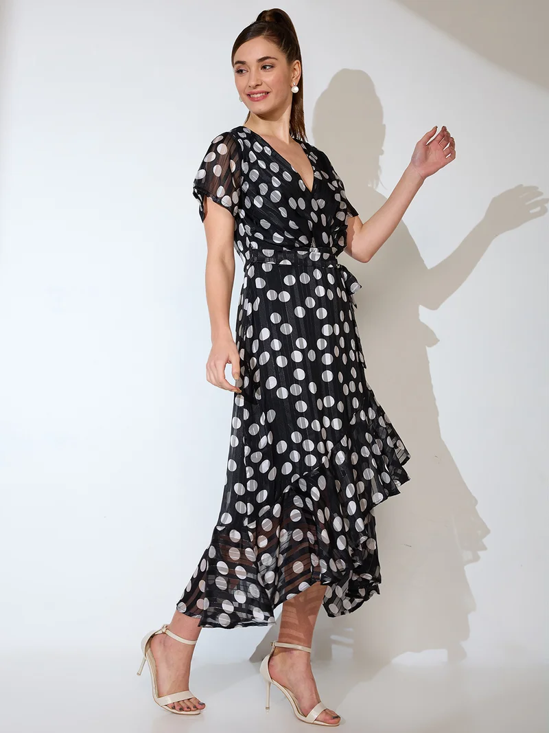 globus Globus Women Polka Dot Print Wrap Neck Flared Sleeves Tie-Up Ruffled Tulip Hem A-Line Midi Dress