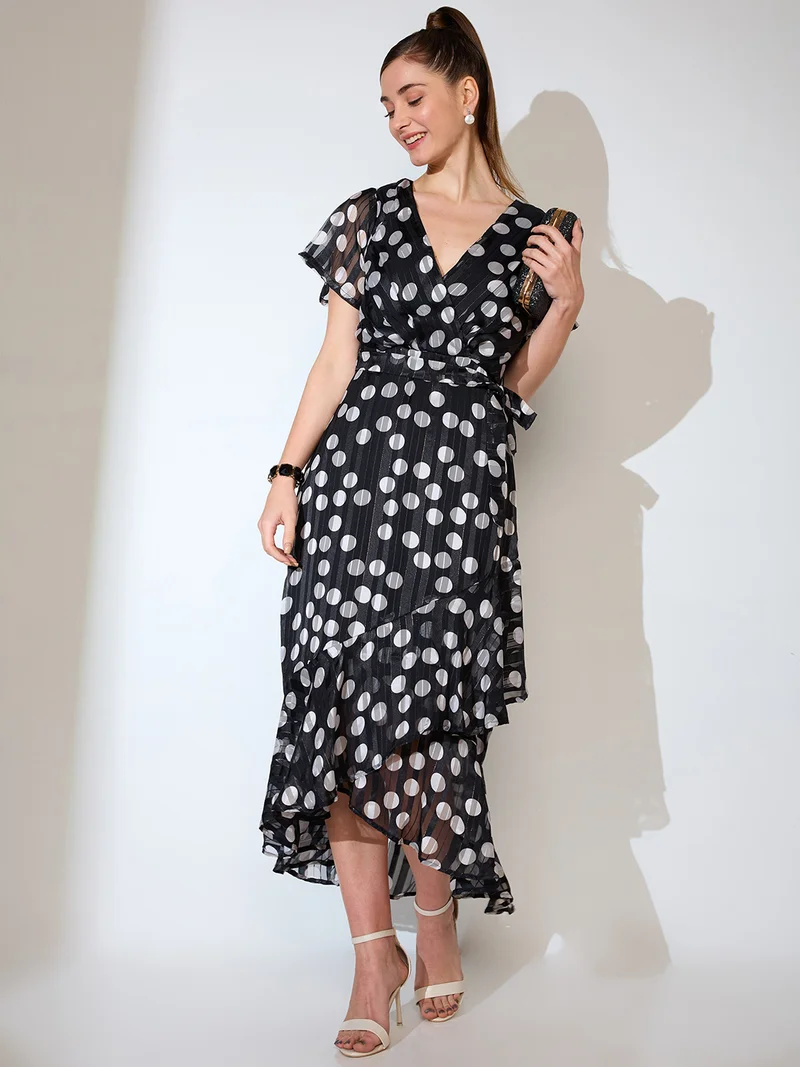 globus Globus Women Polka Dot Print Wrap Neck Flared Sleeves Tie-Up Ruffled Tulip Hem A-Line Midi Dress