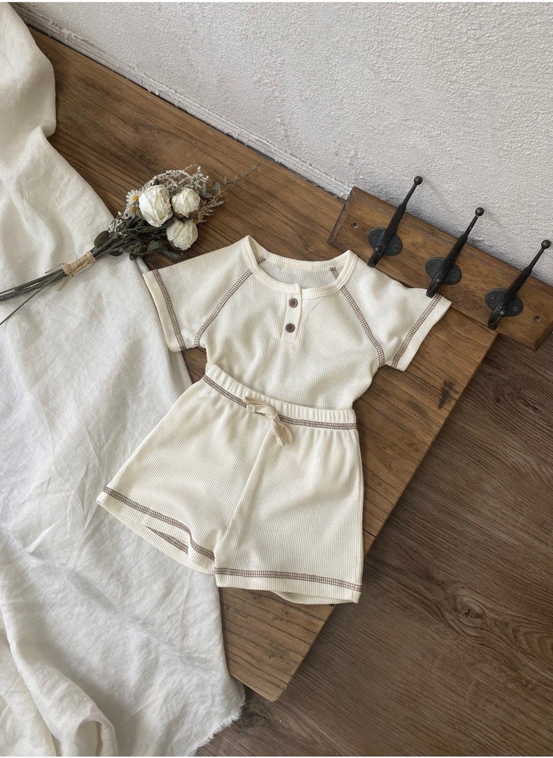 Baby soft breathable cotton short-sleeved T-shirt + shorts Beige two-piece set - Image 2
