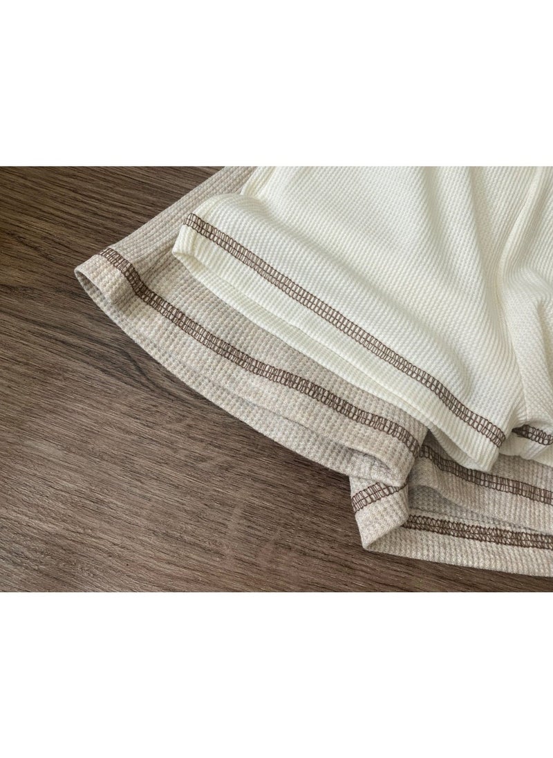 Baby soft breathable cotton short-sleeved T-shirt + shorts Beige two-piece set - Image 4