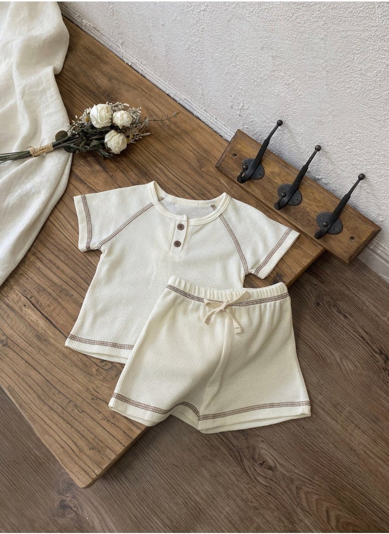 Baby soft breathable cotton short-sleeved T-shirt + shorts Beige two-piece set - Image 1