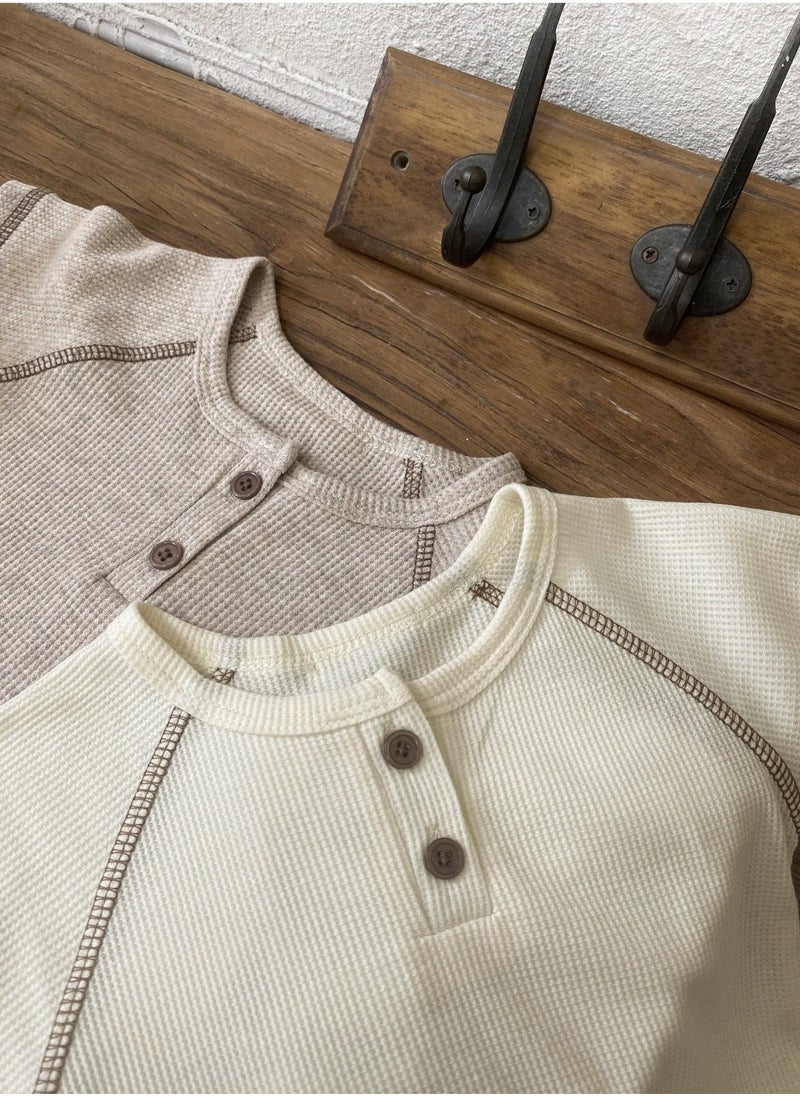 Baby soft breathable cotton short-sleeved T-shirt + shorts Beige two-piece set - Image 3